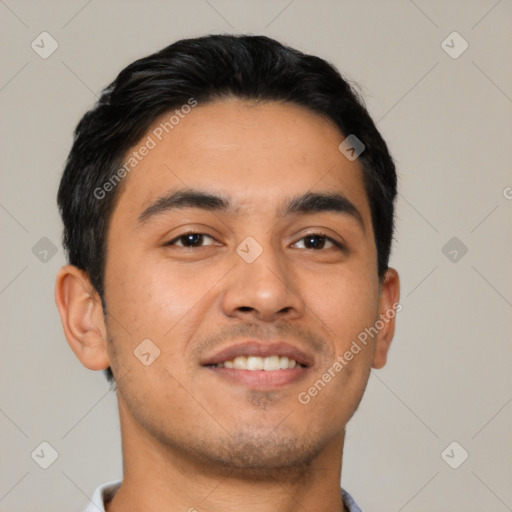 Neutral latino young-adult male with short  black hair and brown eyes