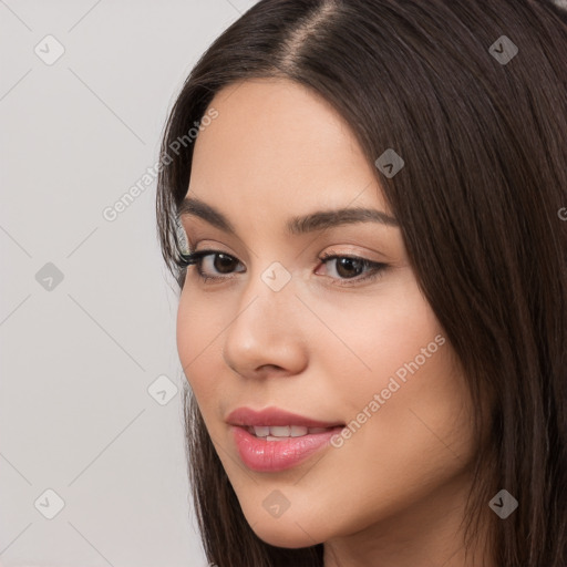 Neutral white young-adult female with long  brown hair and brown eyes