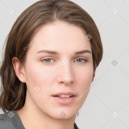 Neutral white young-adult female with medium  brown hair and grey eyes