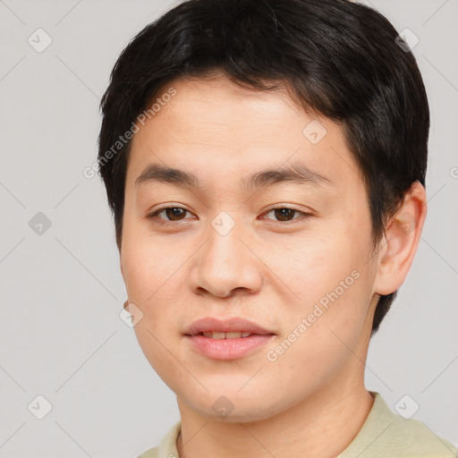 Joyful asian young-adult male with short  brown hair and brown eyes