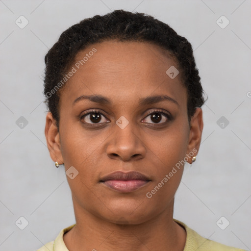 Joyful black young-adult female with short  brown hair and brown eyes