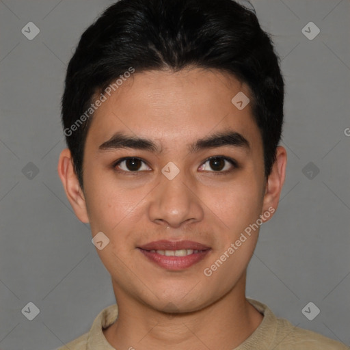 Joyful latino young-adult male with short  black hair and brown eyes