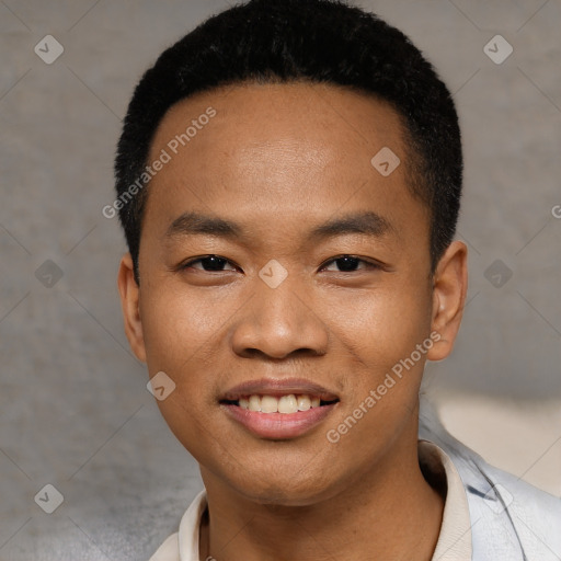 Joyful white young-adult male with short  black hair and brown eyes