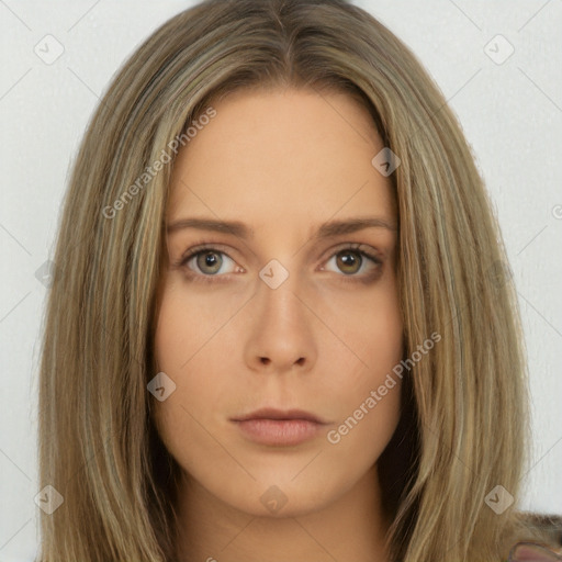 Neutral white young-adult female with long  brown hair and brown eyes