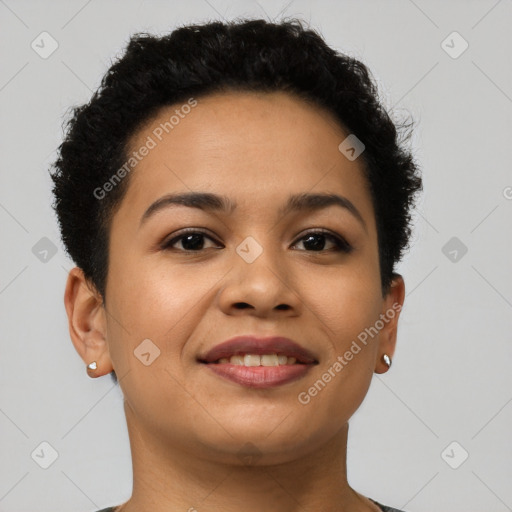 Joyful latino young-adult female with short  brown hair and brown eyes