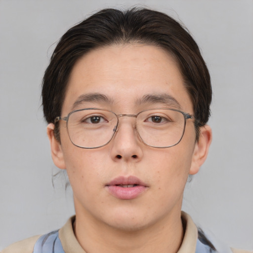 Neutral asian adult male with short  brown hair and brown eyes