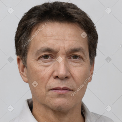 Neutral white middle-aged male with short  brown hair and brown eyes