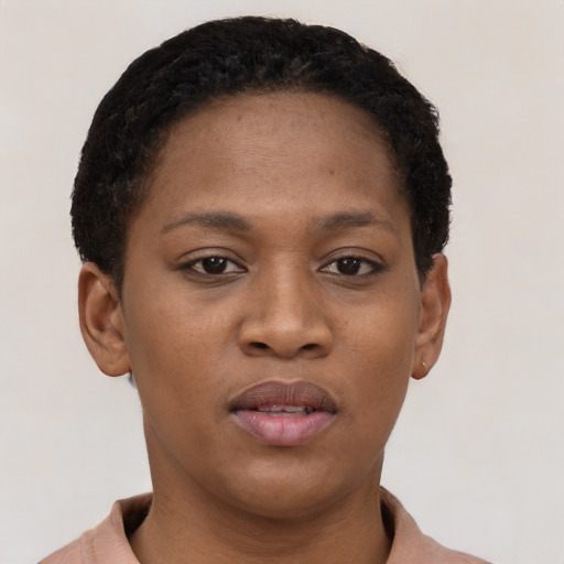 Neutral black young-adult female with short  black hair and brown eyes