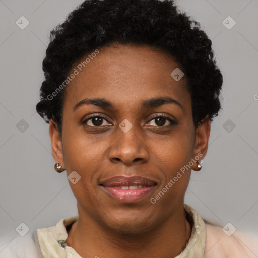 Joyful black young-adult female with short  brown hair and brown eyes