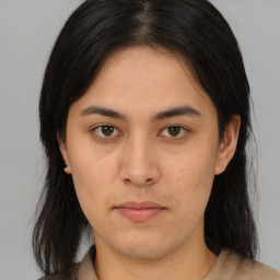 Neutral asian young-adult female with medium  brown hair and brown eyes