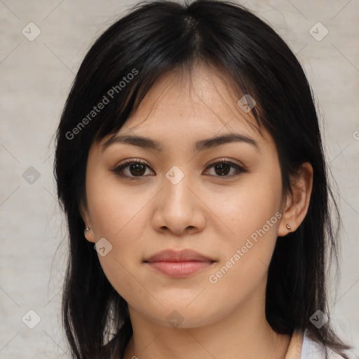 Joyful asian young-adult female with medium  brown hair and brown eyes