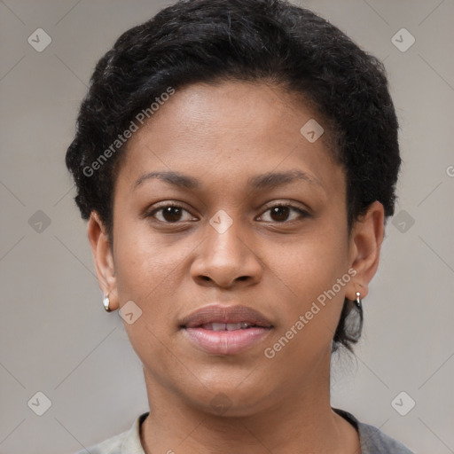 Joyful latino young-adult female with short  brown hair and brown eyes