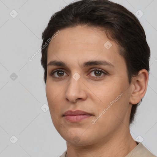 Joyful white young-adult female with short  brown hair and brown eyes