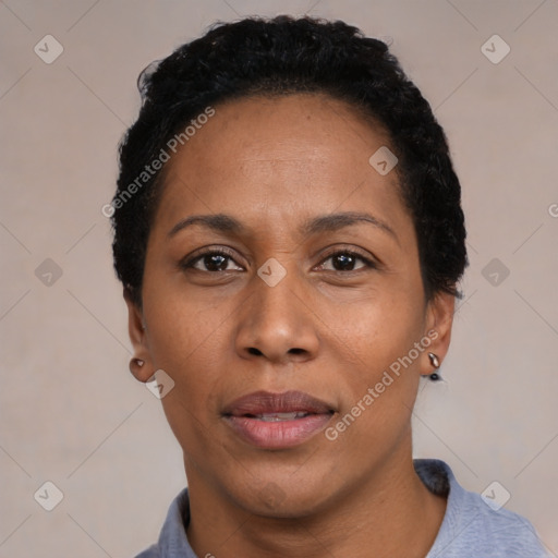 Neutral black adult female with short  black hair and brown eyes