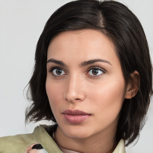 Neutral white young-adult female with medium  brown hair and brown eyes