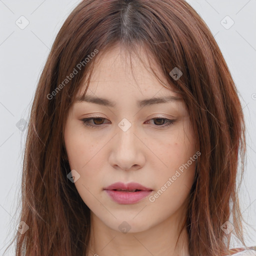 Neutral white young-adult female with long  brown hair and brown eyes