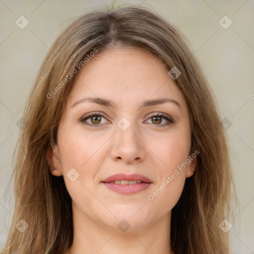 Joyful white young-adult female with long  brown hair and green eyes