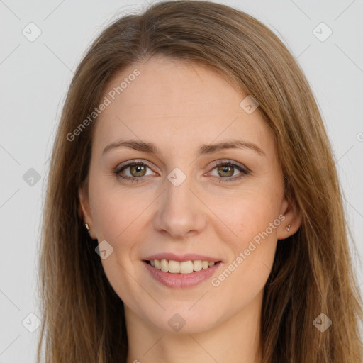 Joyful white young-adult female with long  brown hair and grey eyes