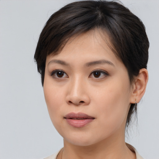 Neutral asian young-adult female with short  brown hair and brown eyes