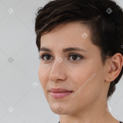 Joyful white young-adult female with short  brown hair and brown eyes