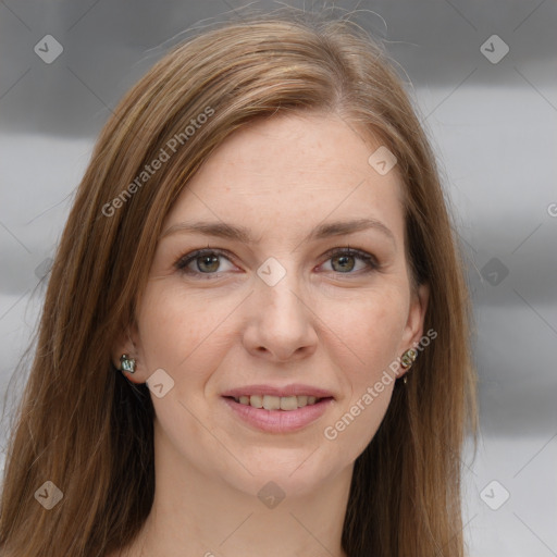 Joyful white young-adult female with long  brown hair and grey eyes