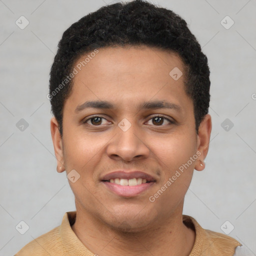 Joyful latino young-adult male with short  brown hair and brown eyes