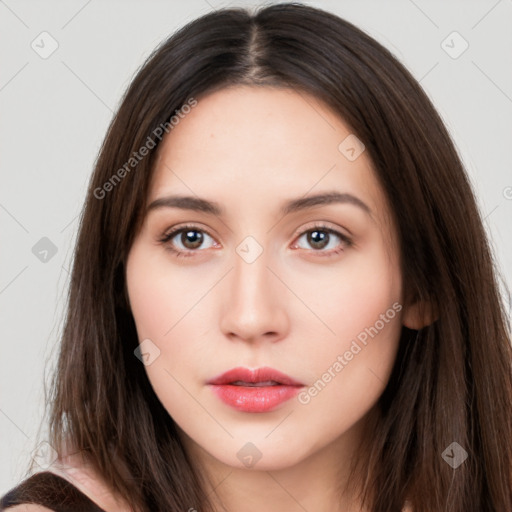 Neutral white young-adult female with long  brown hair and brown eyes