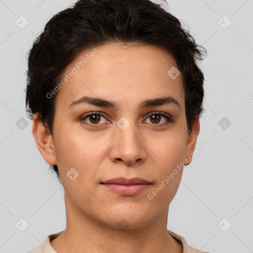 Neutral white young-adult female with short  brown hair and brown eyes