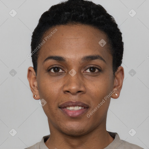 Joyful black young-adult female with short  black hair and brown eyes