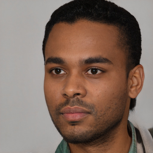 Neutral black young-adult male with short  black hair and brown eyes