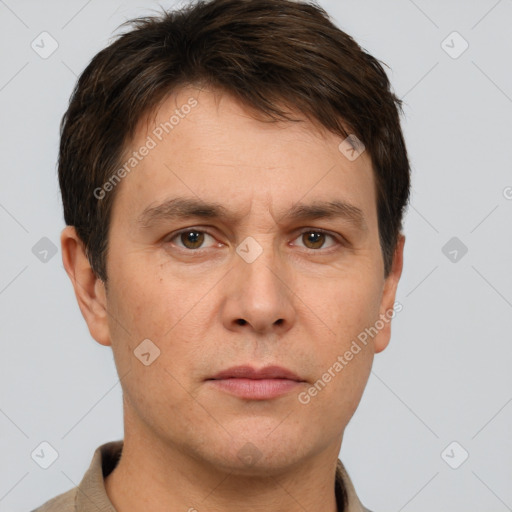 Neutral white adult male with short  brown hair and brown eyes