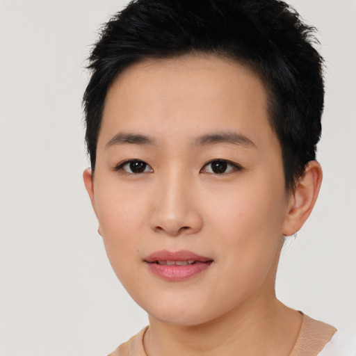 Neutral asian young-adult female with short  black hair and brown eyes