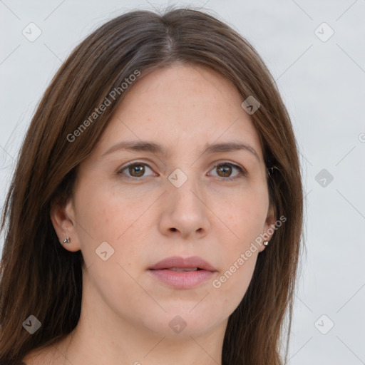 Neutral white young-adult female with long  brown hair and grey eyes