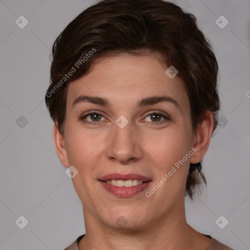 Joyful white young-adult female with medium  brown hair and brown eyes