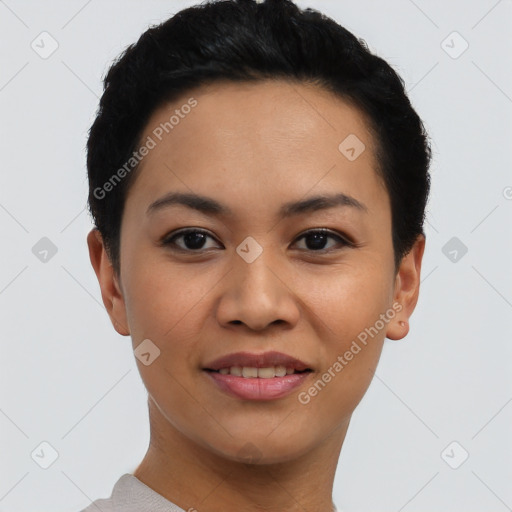 Joyful asian young-adult female with short  black hair and brown eyes