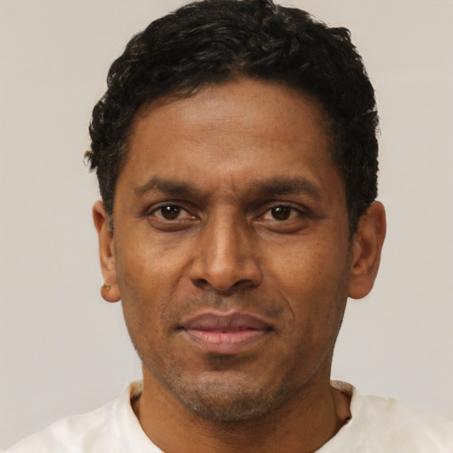 Neutral latino adult male with short  black hair and brown eyes