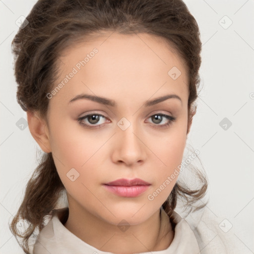 Neutral white young-adult female with medium  brown hair and brown eyes