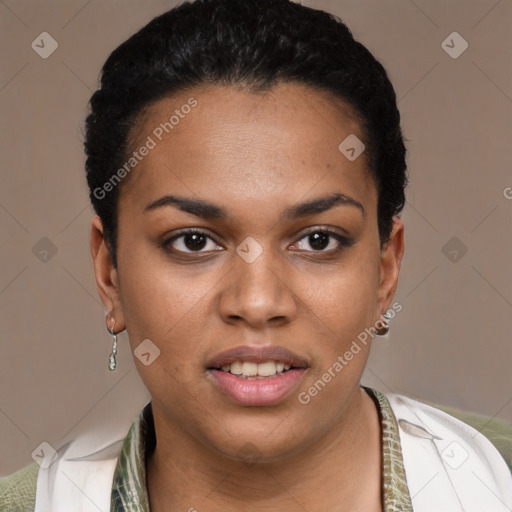 Joyful latino young-adult female with short  black hair and brown eyes