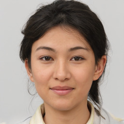 Joyful asian young-adult female with medium  brown hair and brown eyes