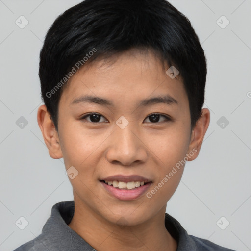 Joyful asian young-adult female with short  black hair and brown eyes