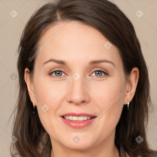 Joyful white young-adult female with medium  brown hair and grey eyes