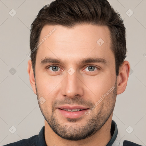 Neutral white young-adult male with short  brown hair and brown eyes