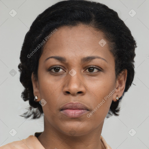 Neutral black young-adult female with medium  brown hair and brown eyes