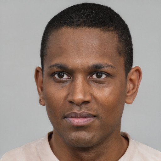 Neutral black young-adult male with short  black hair and brown eyes
