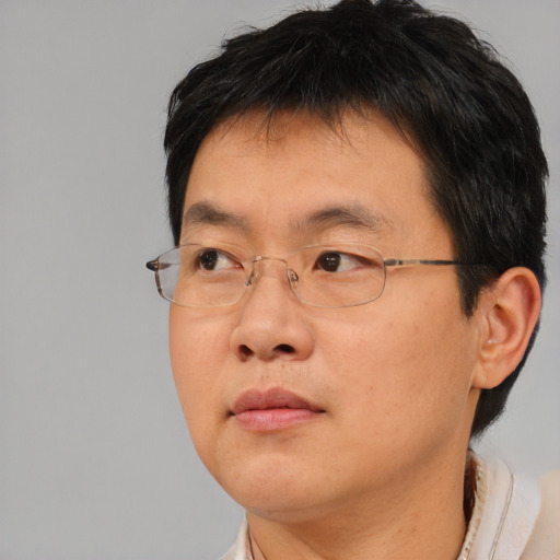 Neutral asian adult male with short  brown hair and brown eyes