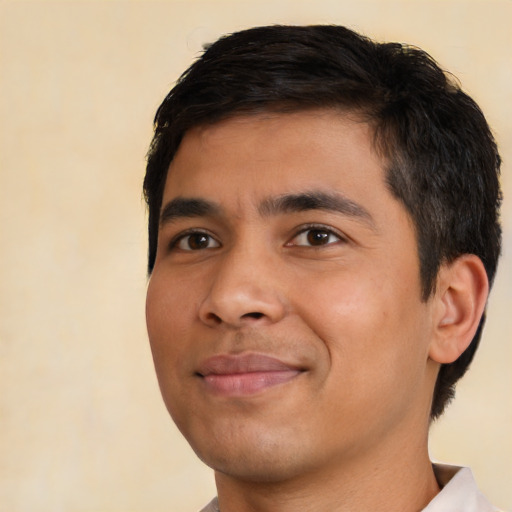 Neutral latino young-adult male with short  brown hair and brown eyes