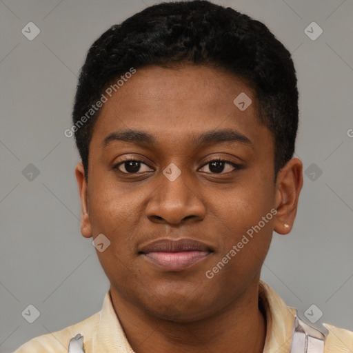 Joyful latino young-adult male with short  brown hair and brown eyes