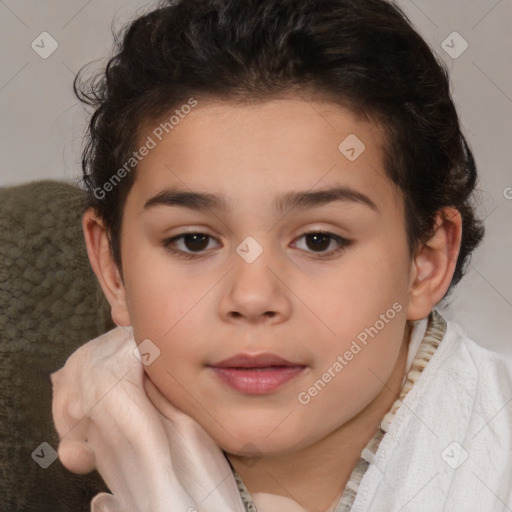 Joyful white child female with short  brown hair and brown eyes