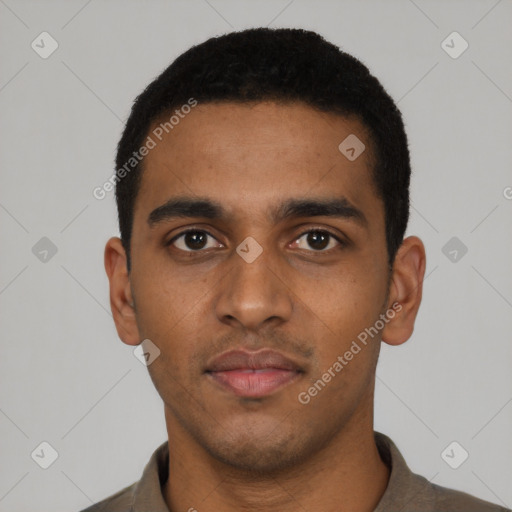 Neutral black young-adult male with short  black hair and brown eyes