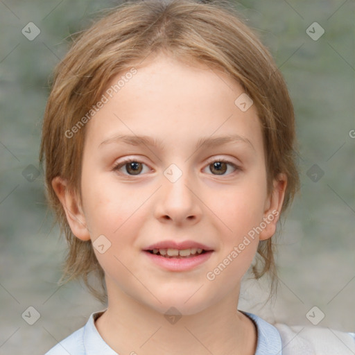 Joyful white child female with medium  brown hair and brown eyes